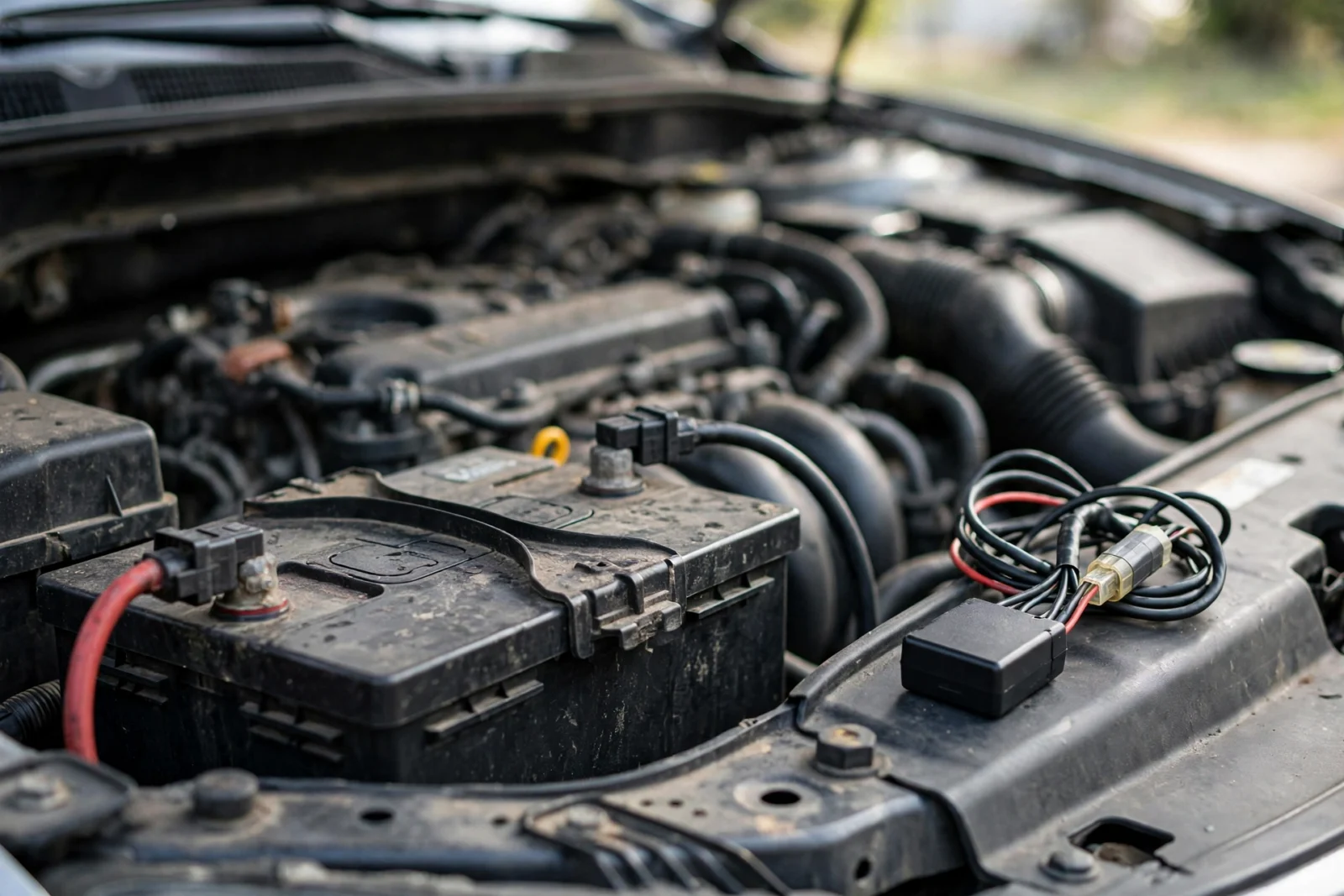 Car battery in an engine bay with a dash cam hardwire kit voltage cutoff module nearby