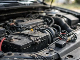 Car battery in an engine bay with a dash cam hardwire kit voltage cutoff module nearby