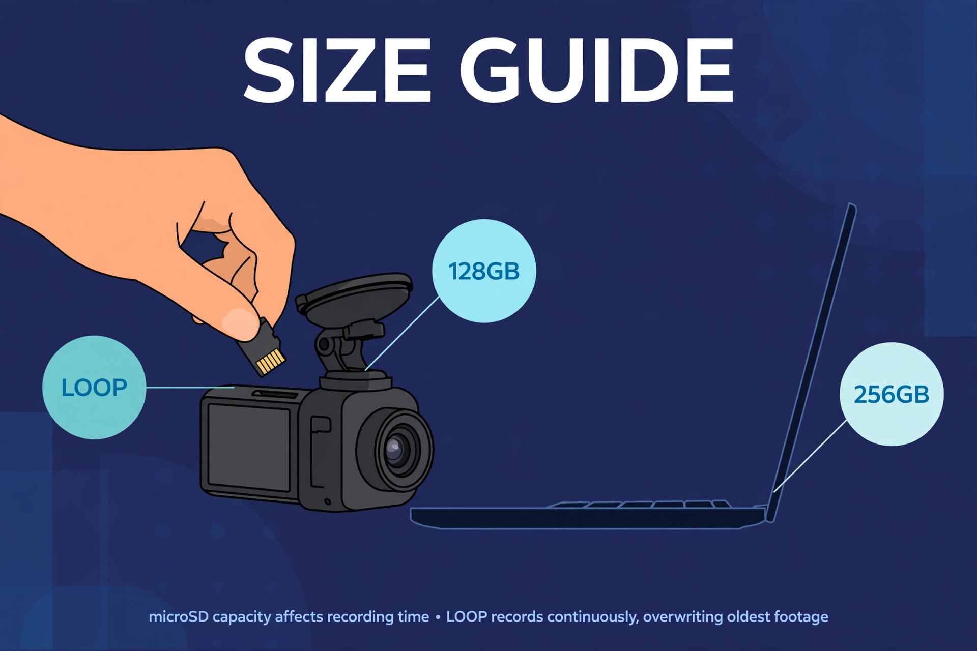 Hand inserting a microSD card into a dash cam beside a laptop size guide