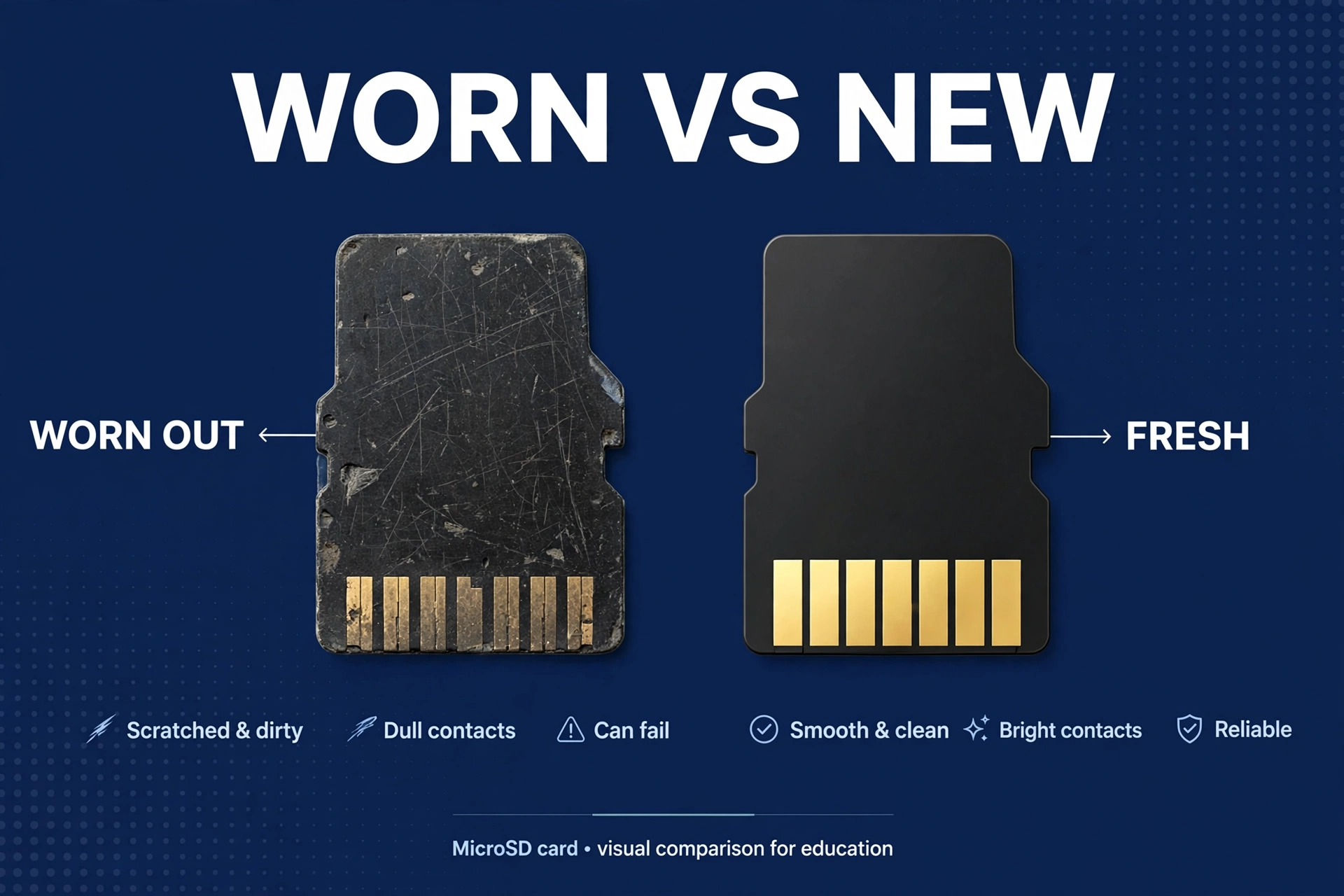 Scratched worn-out microSD card next to a fresh new card visual comparison