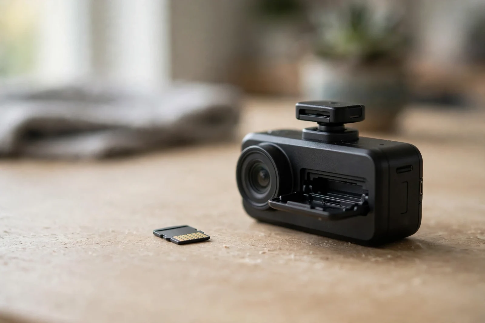 High-endurance microSD card next to a dash cam with its card slot open on a desk