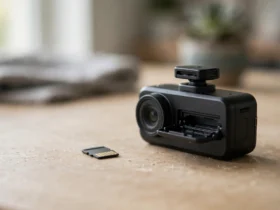High-endurance microSD card next to a dash cam with its card slot open on a desk