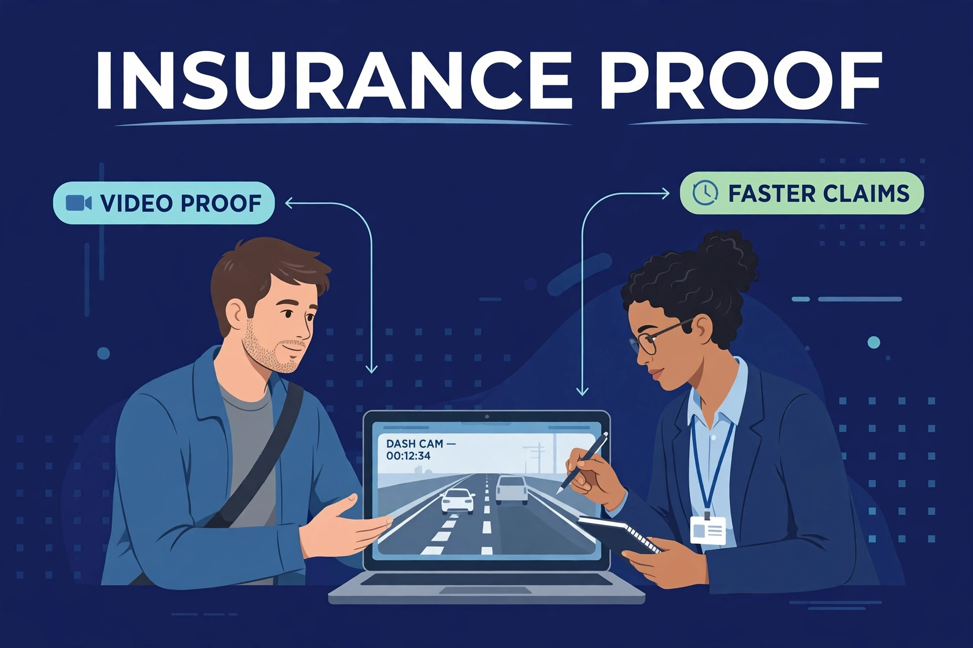 Driver showing dash cam footage on a laptop to an insurance adjuster for a faster claim