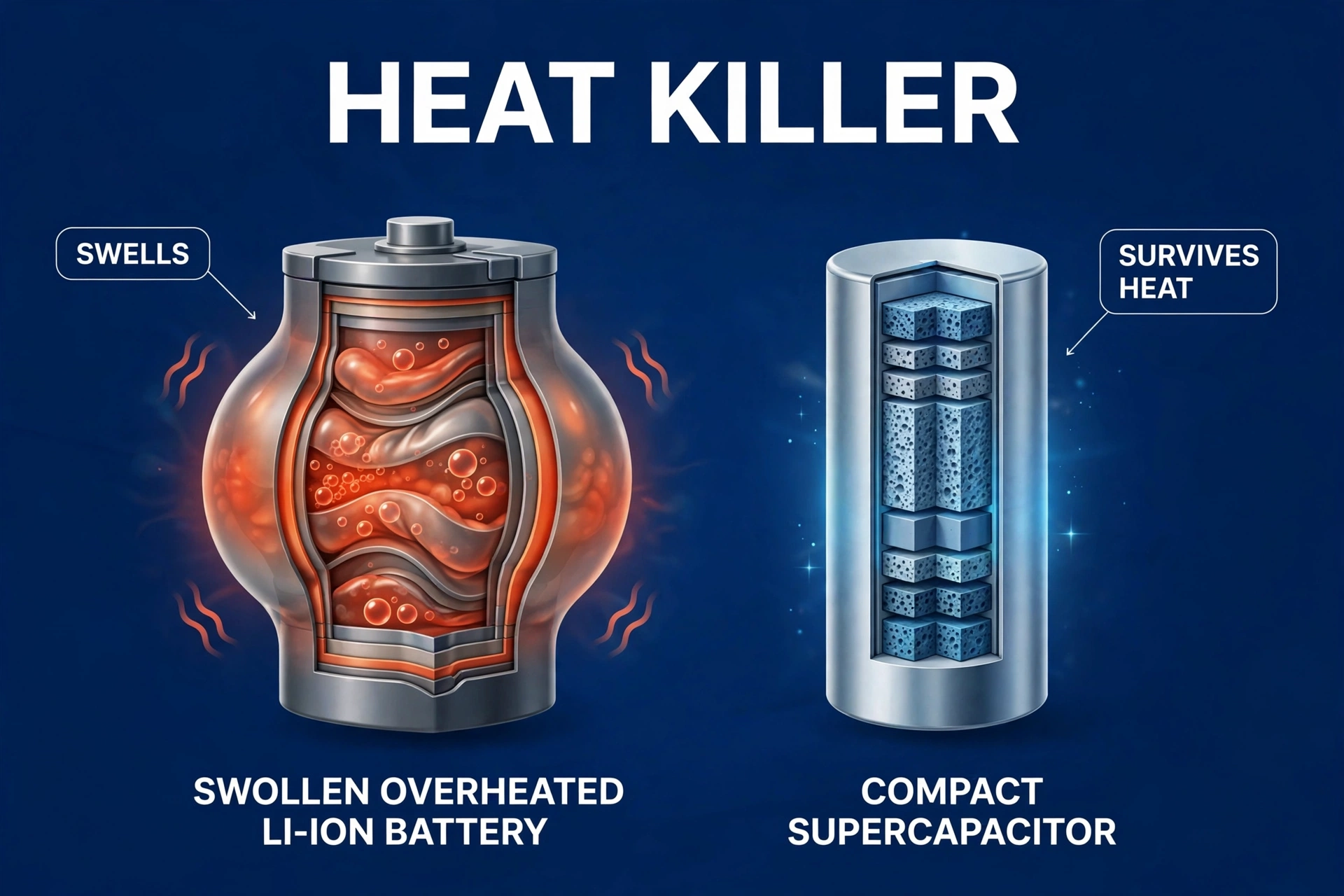 Cutaway comparison of a swollen overheated lithium battery versus a heat-proof supercapacitor
