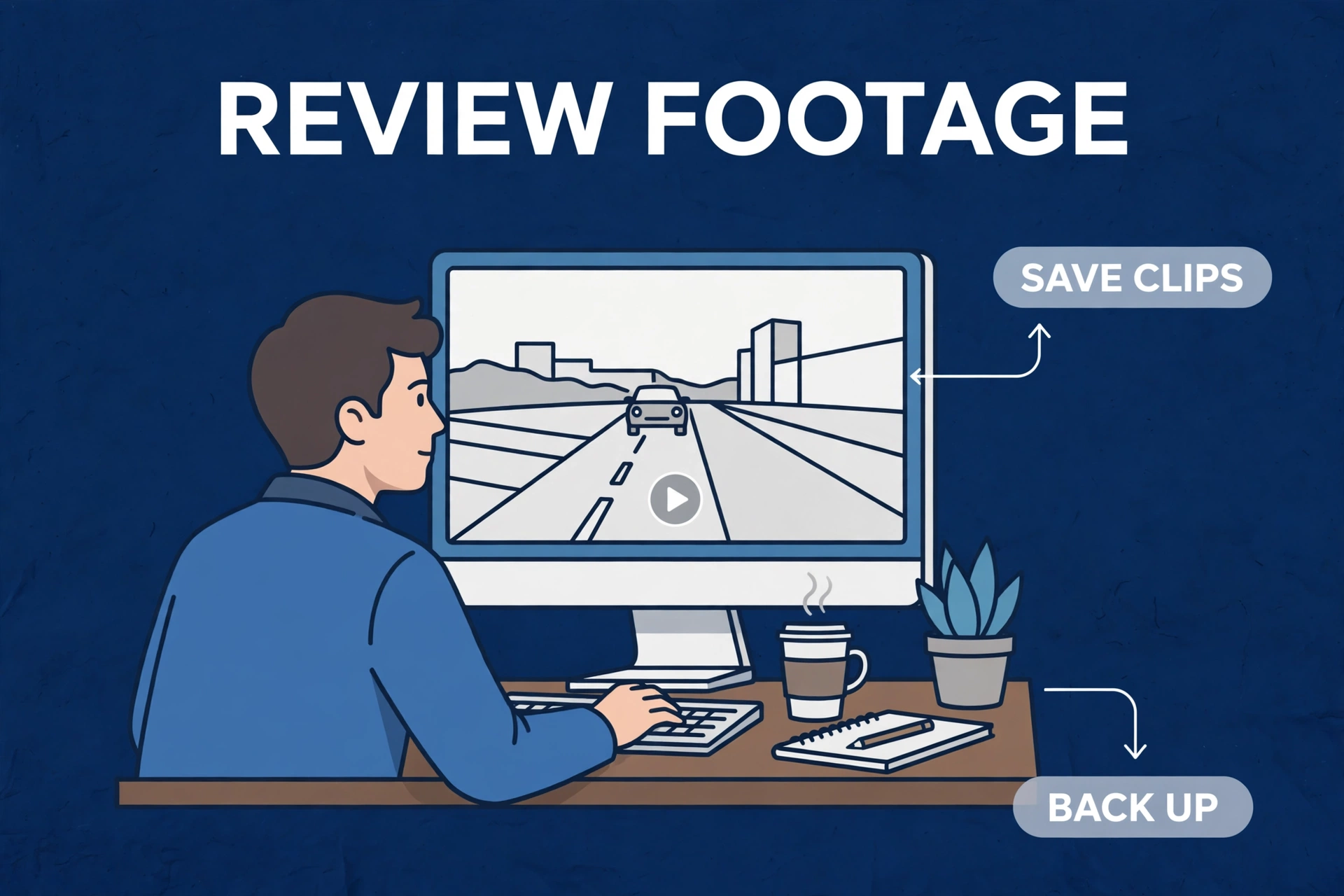 Driver reviewing dash cam footage on a home computer to save clips and back up