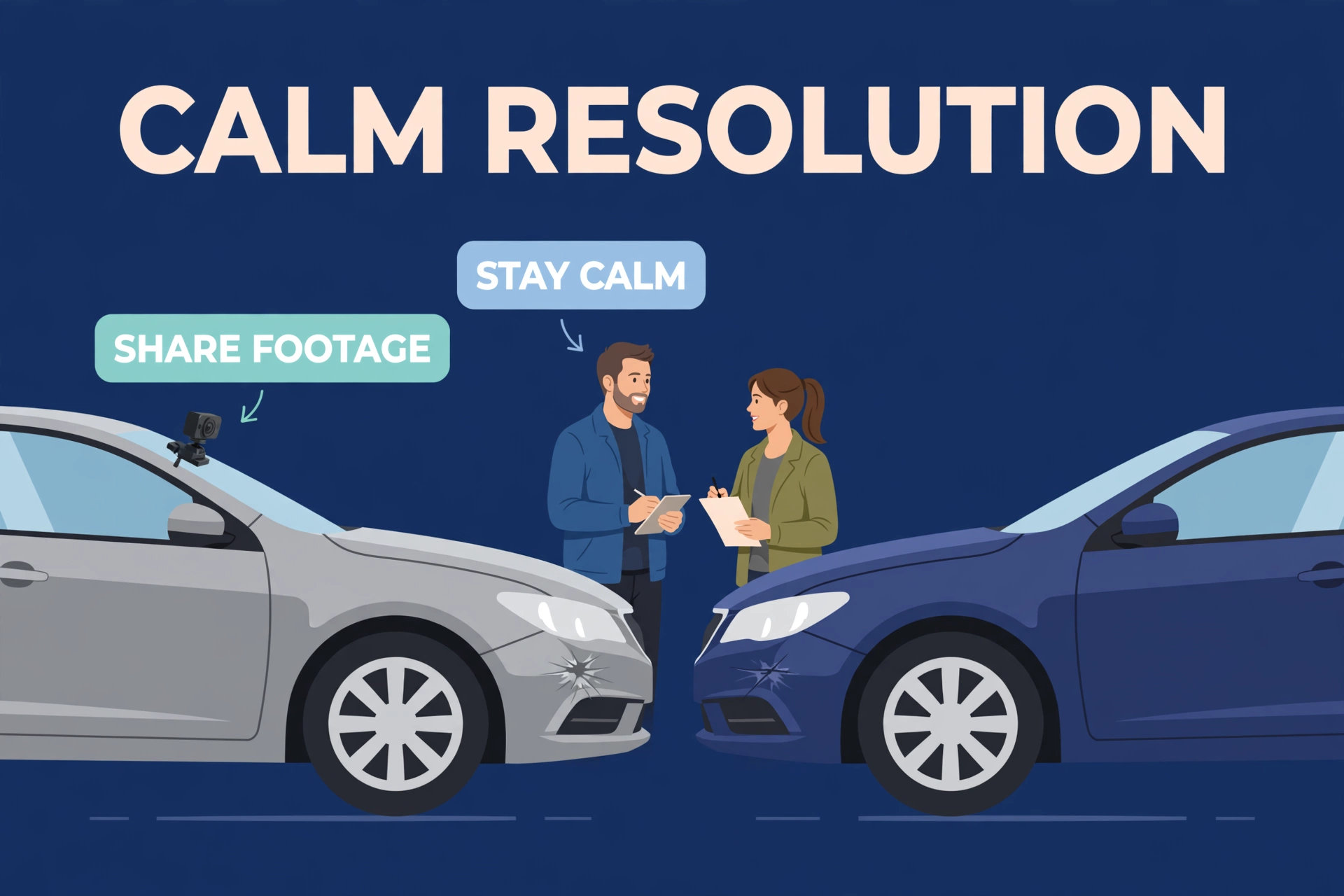 Two calm drivers exchanging details after a minor accident with a dash cam on the windshield