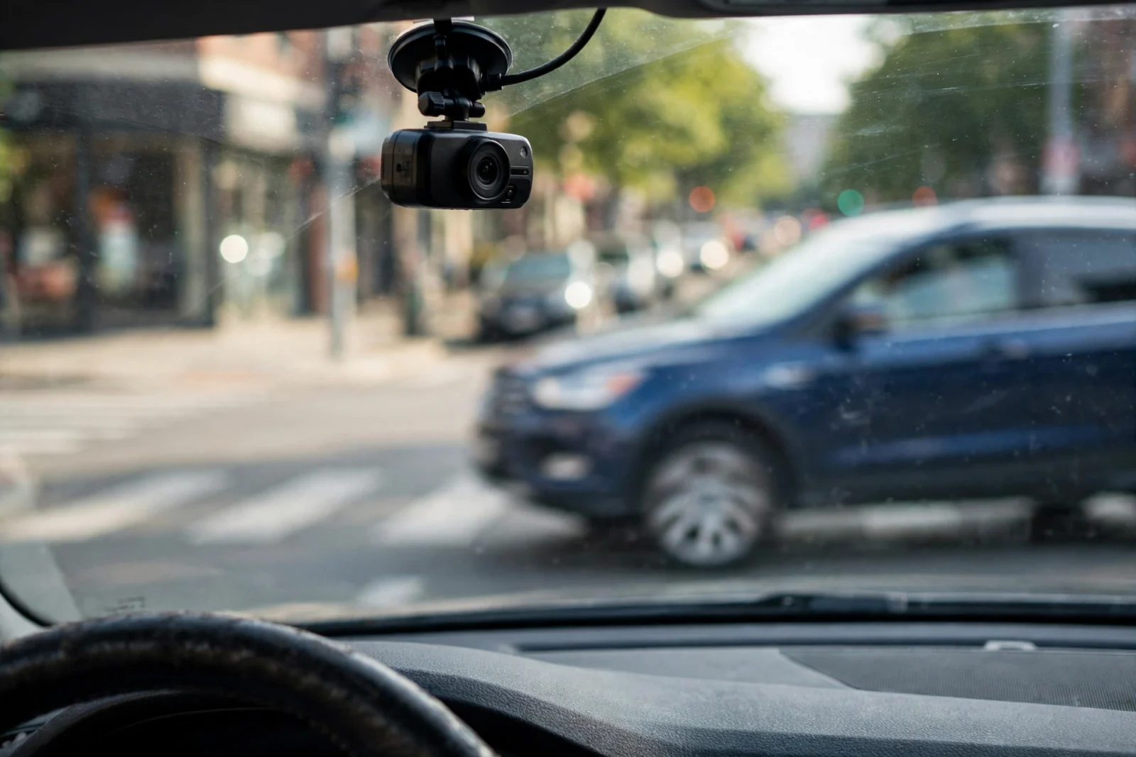 Driver's view of a near-miss at an intersection captured by a dash cam on the windshield