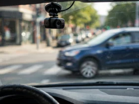 Driver's view of a near-miss at an intersection captured by a dash cam on the windshield