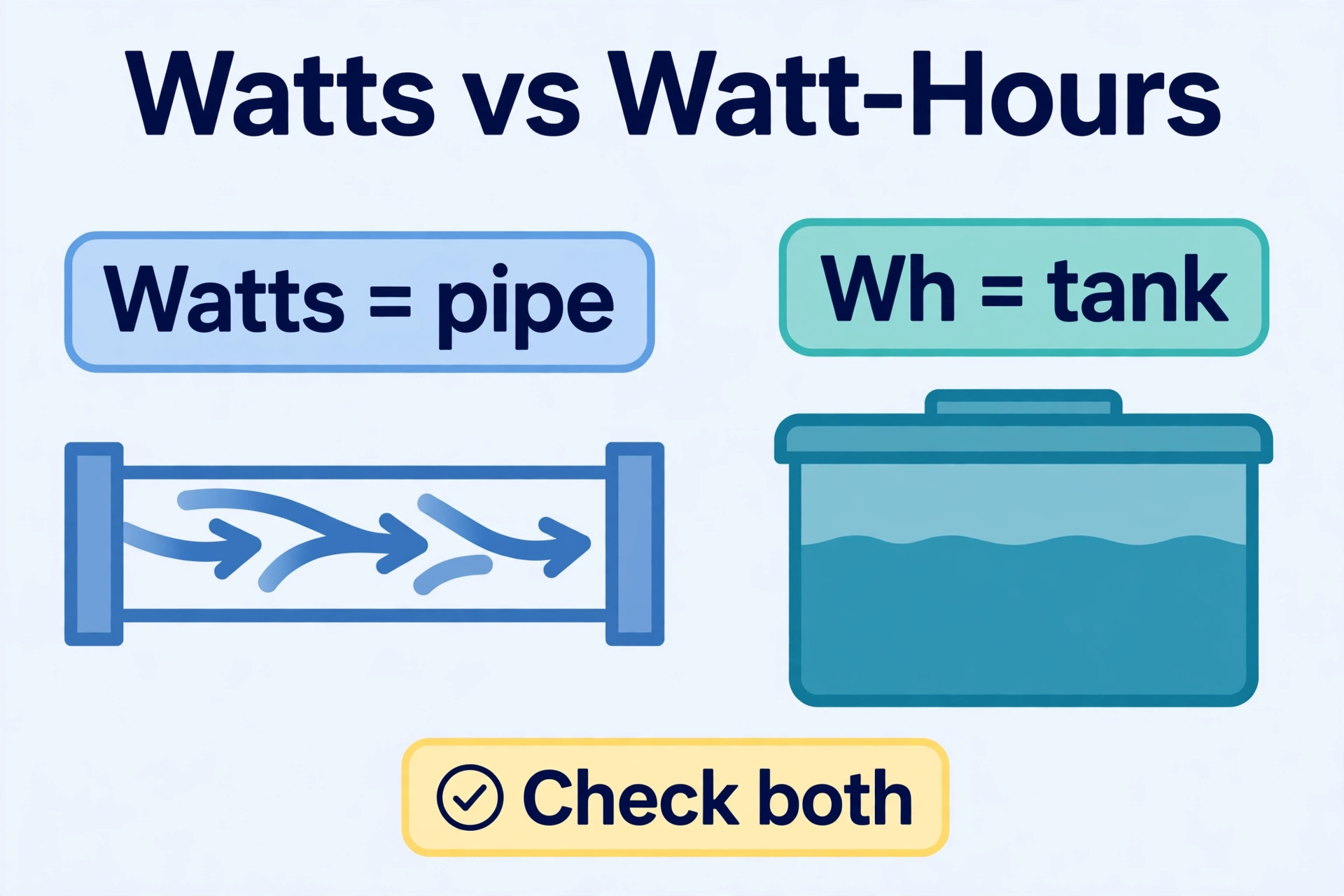 Diagram comparing watts to a pipe and watt-hours to a water tank