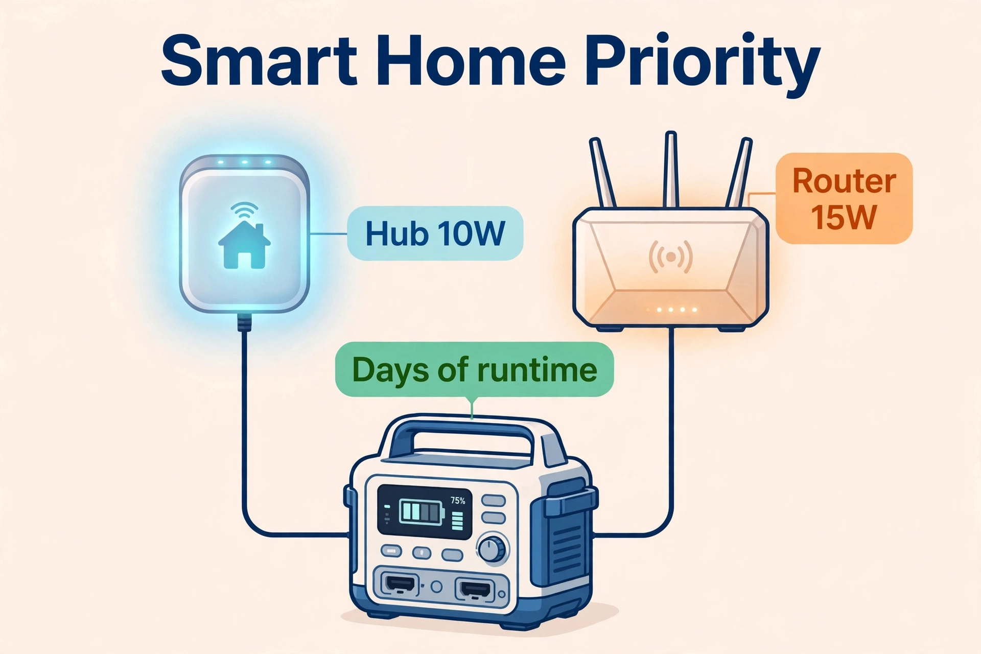 Smart home hub and router connected to a portable power station for days of runtime