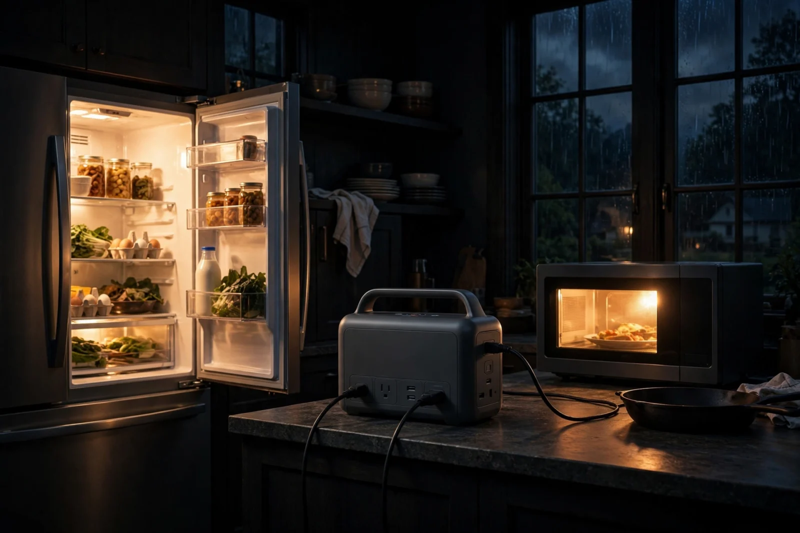 Portable power station powering a fridge and microwave during a nighttime power outage