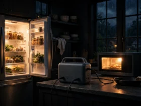 Portable power station powering a fridge and microwave during a nighttime power outage
